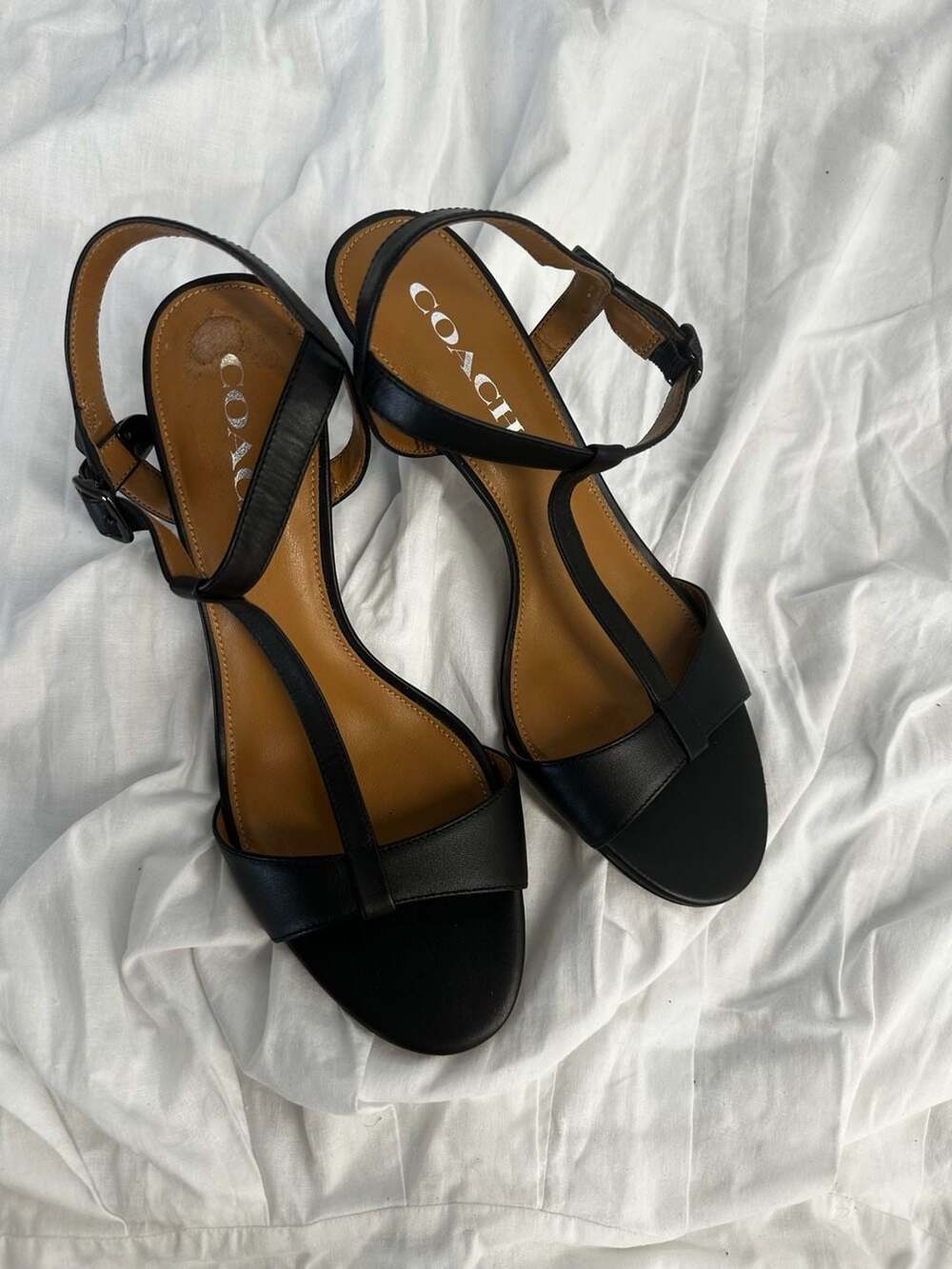 Coach Black Leather T-Strap Kitten Heel Sandals Size 7.5B